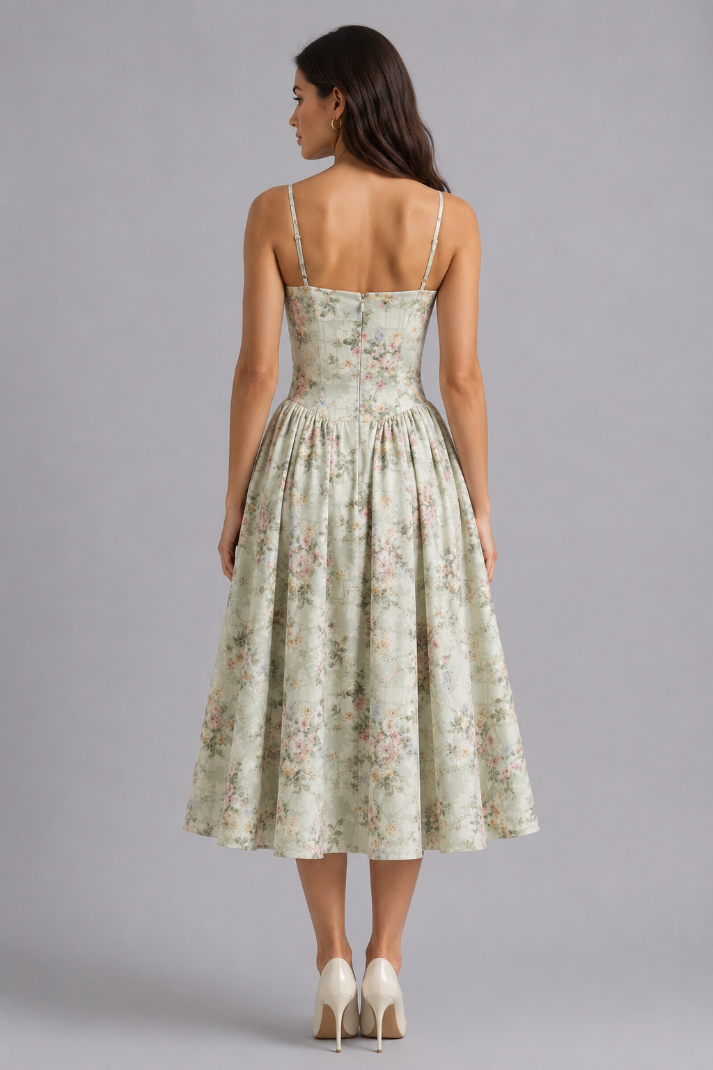 Graceful women's elegant floral midi dress. The corset bodice enhances its flattering silhouette, perfect for summer.