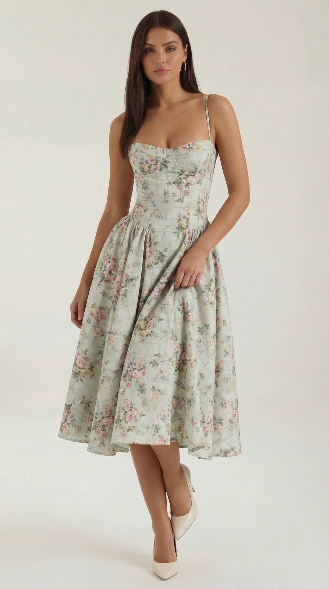 Elegant women's floral corset midi dress with sweetheart neckline, perfect for summer weddings & parties.
