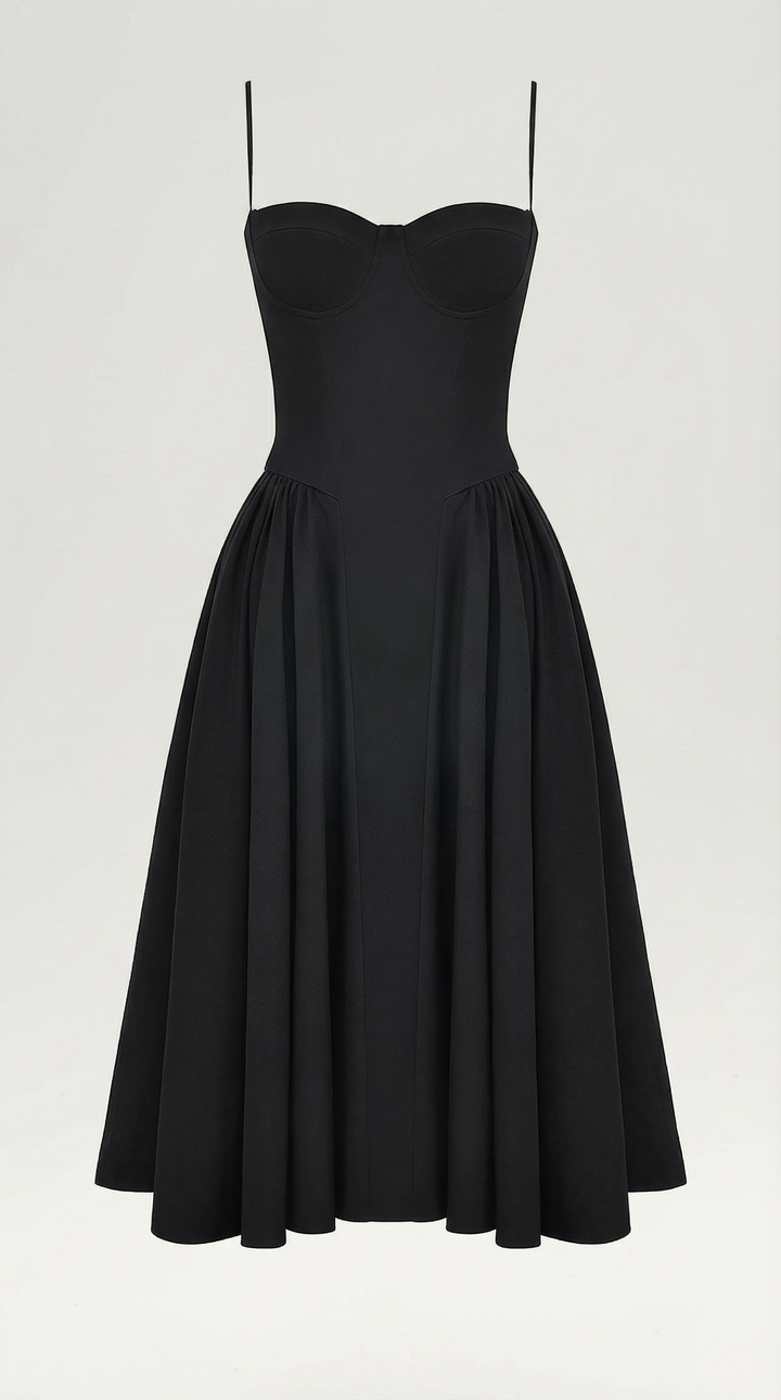 Chic floral midi dress with a corset and sweetheart neckline, perfect for elegant spring occasions.