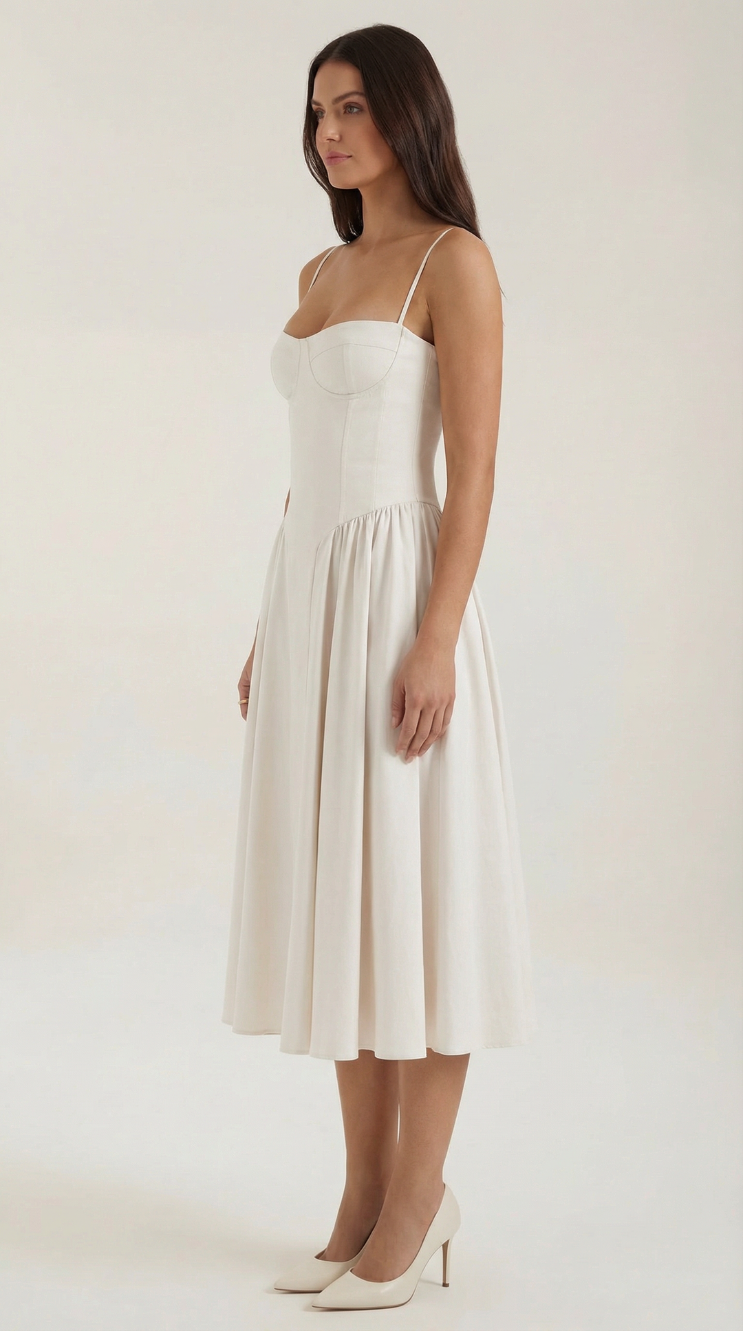 Elegant women's midi dress, floral pattern, corset bodice, and attractive sweetheart neckline.