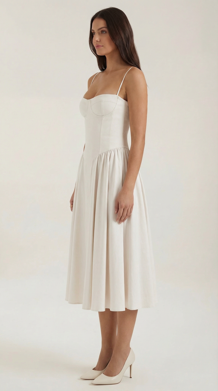 Elegant women's midi dress, floral pattern, corset bodice, and attractive sweetheart neckline.