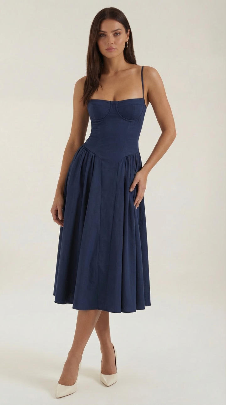 Party-ready women's floral midi dress, featuring a corset, sweetheart neckline, and vibrant print.