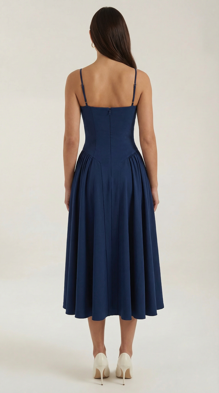 Flowy women's floral midi dress with a structured corset and delicate sweetheart neckline.