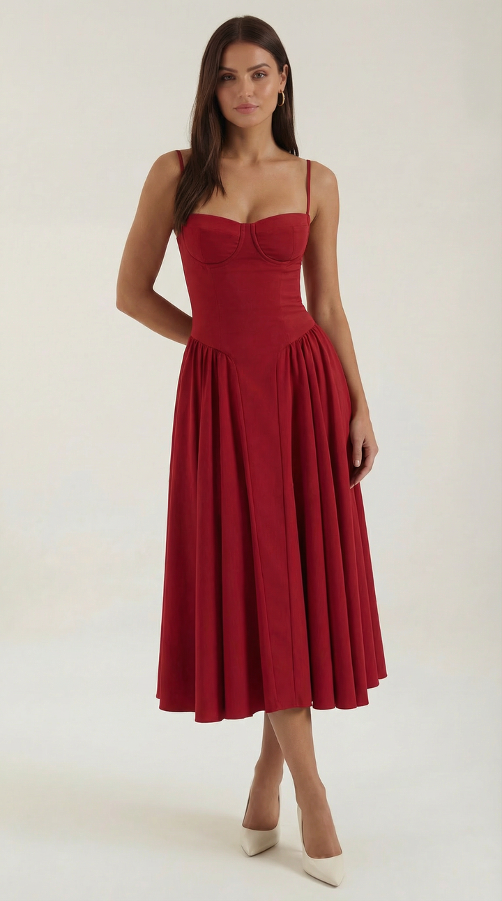 Women's fashion floral midi dress, corset style, with a lovely sweetheart neckline and print.