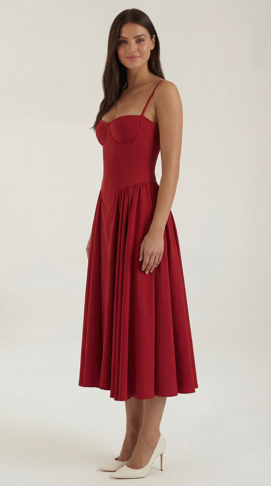Pretty floral midi dress for women, perfect for spring, with a corset and sweetheart neckline.