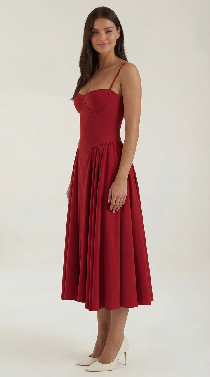 Pretty floral midi dress for women, perfect for spring, with a corset and sweetheart neckline.