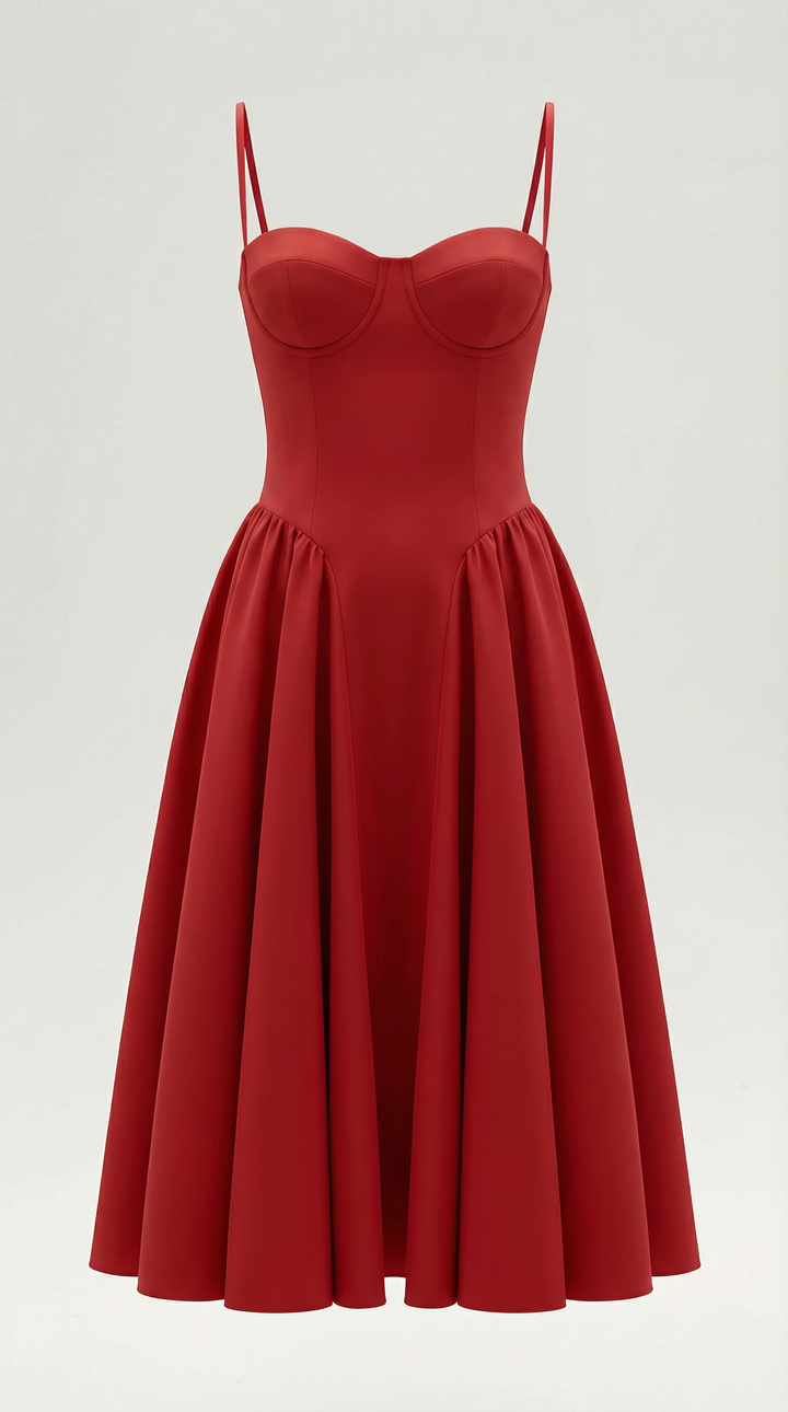 Women's romantic floral midi dress, perfect for weddings, featuring a corset & sweetheart neckline.