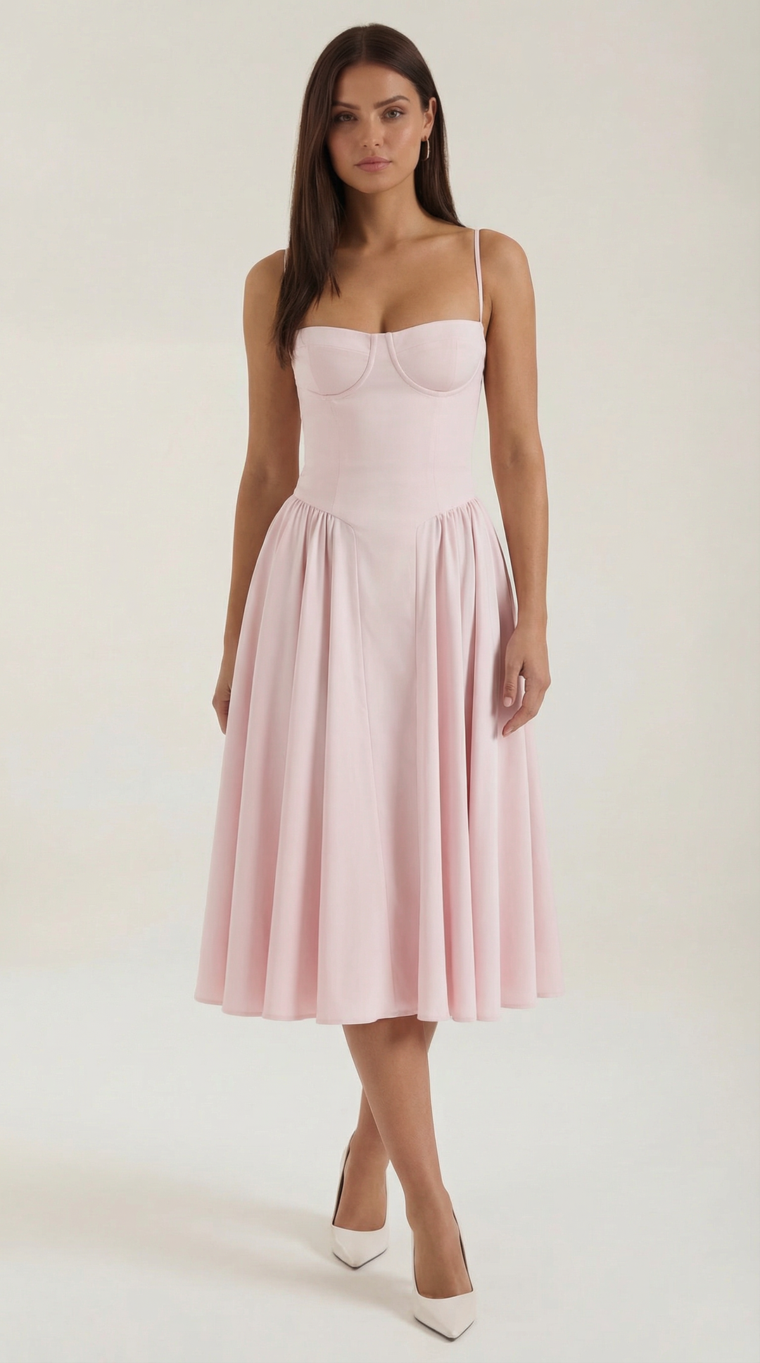 Stylish women's floral midi dress with a sweetheart neckline, corset, and elegant design.