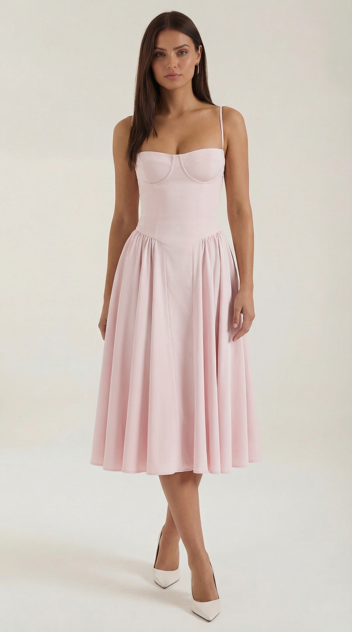Stylish women's floral midi dress with a sweetheart neckline, corset, and elegant design.
