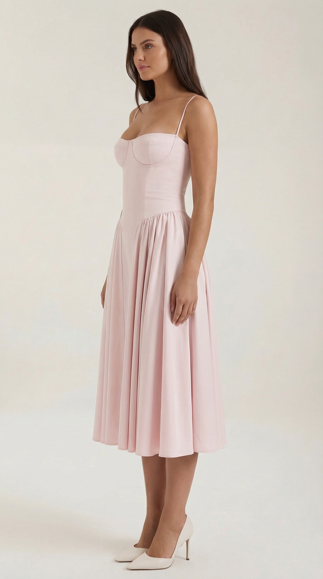 Cottagecore floral midi dress for women, with a charming sweetheart neckline and corset detail.