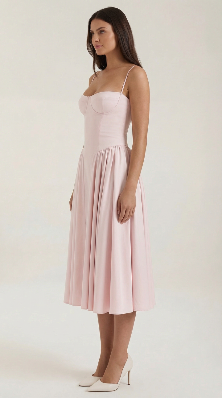 Cottagecore floral midi dress for women, with a charming sweetheart neckline and corset detail.
