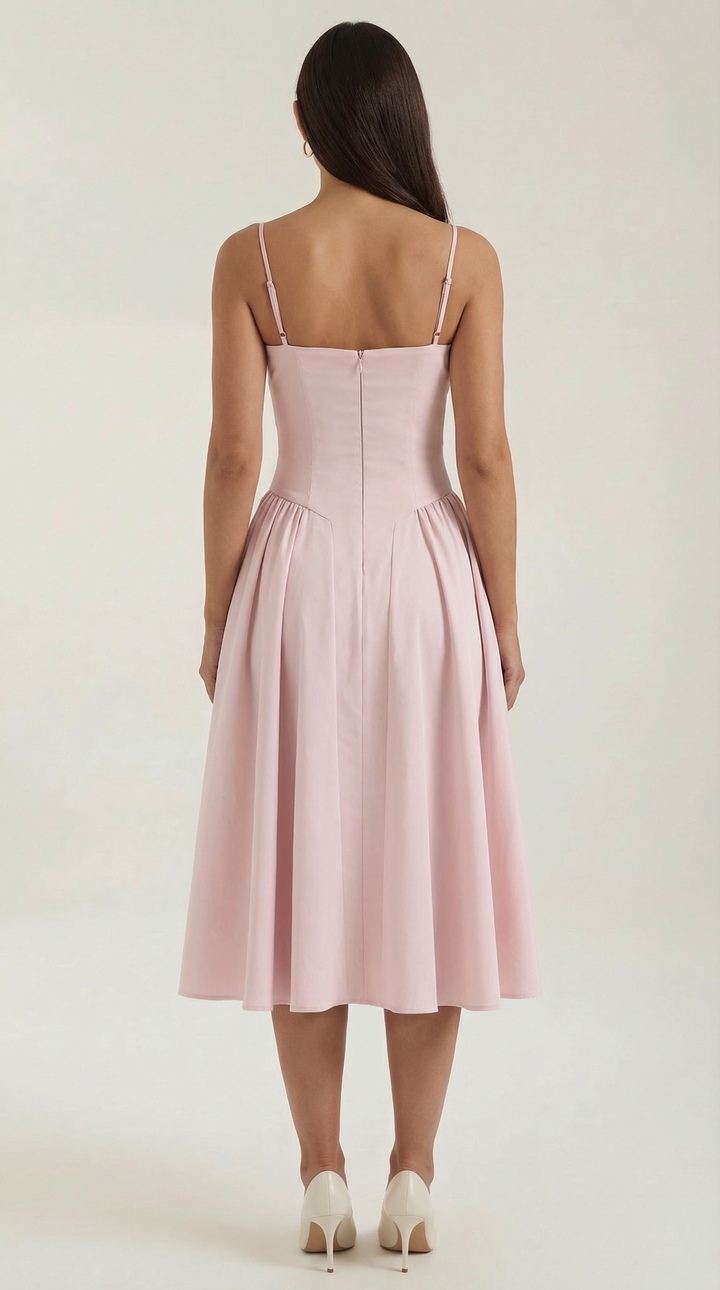 Flattering women's floral midi dress with a sweetheart neckline, corset, and lovely print.