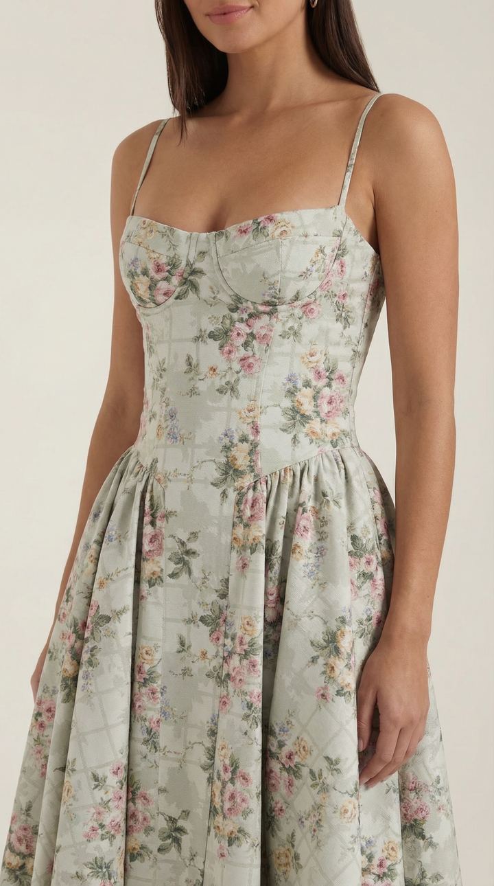 Sweetheart neckline floral midi dress, a stunning women's occasion dress with a chic corset design.