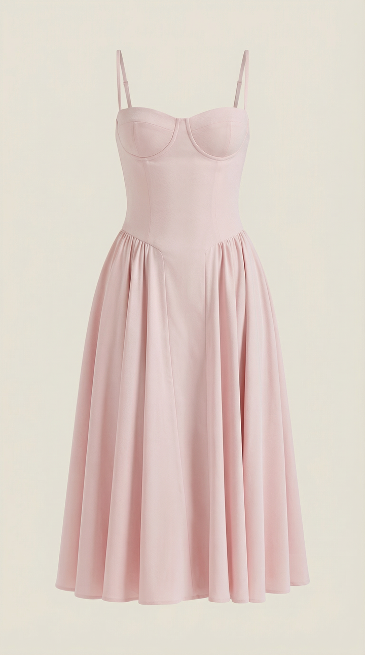 Elegant women's floral midi dress, perfect for a wedding guest, with a corset & sweetheart neckline.