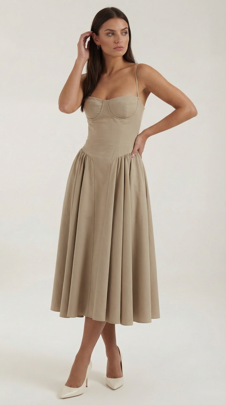 Romantic floral midi dress, women's style, featuring a corset and attractive sweetheart neckline.