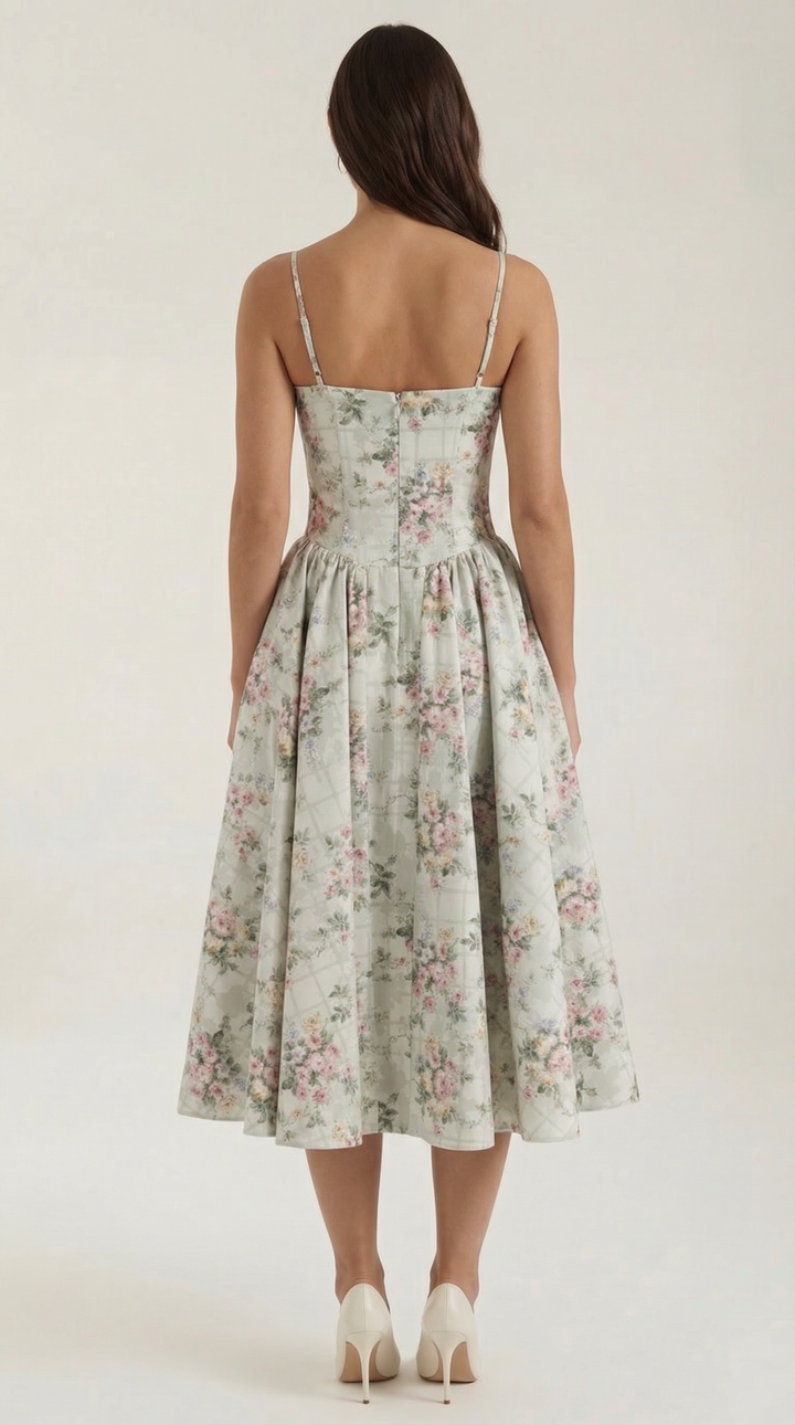 Women's spring fashion: Floral midi dress with a structured corset and delicate sweetheart neckline.