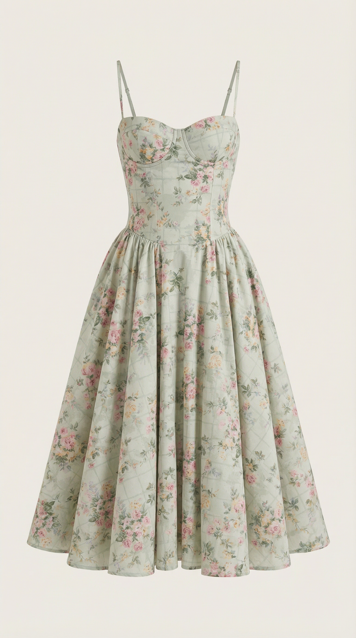 Cottagecore-inspired floral midi dress for women, with a sweetheart neckline and elegant corset design.