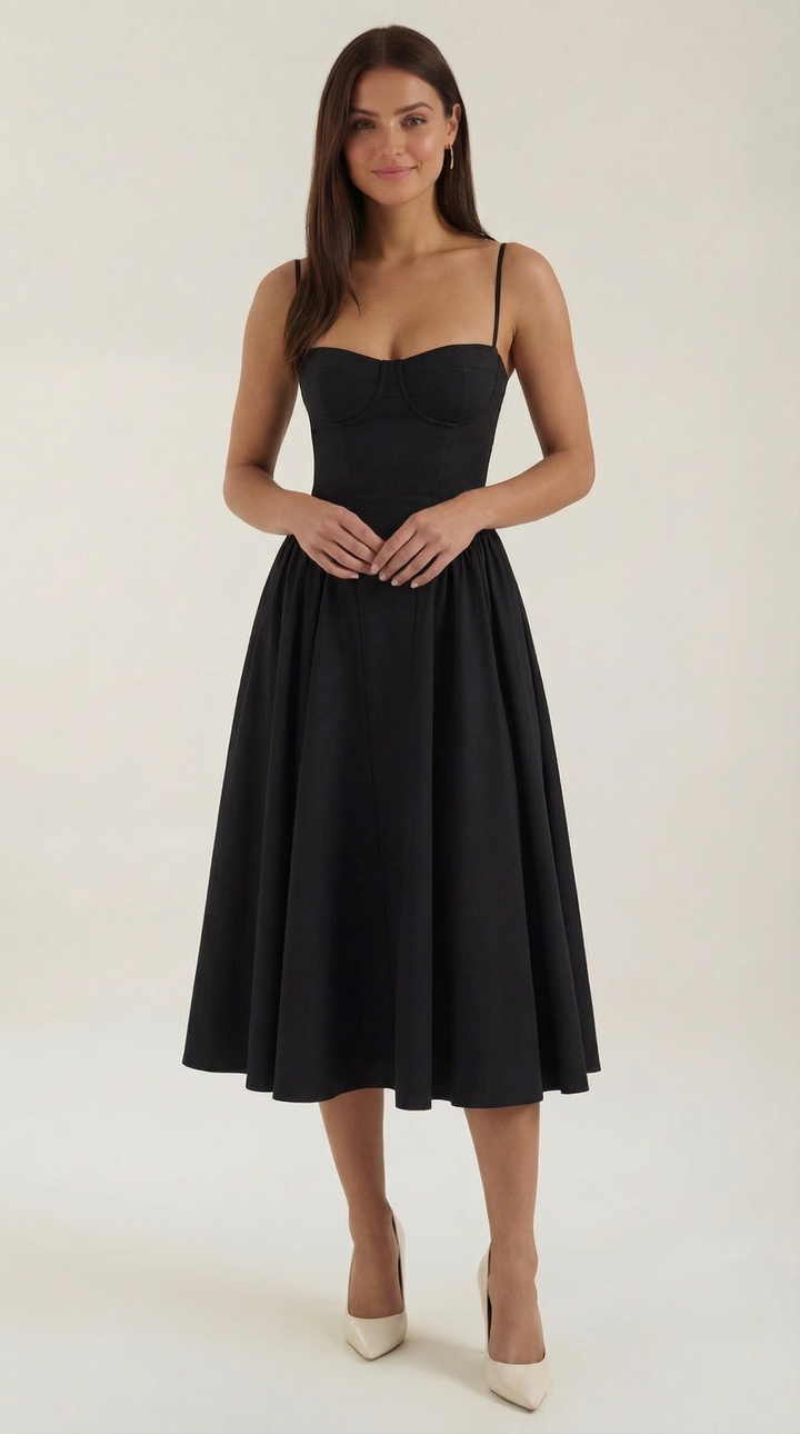 Stylish floral corset midi dress for women, ideal as a wedding guest dress or summer party outfit.