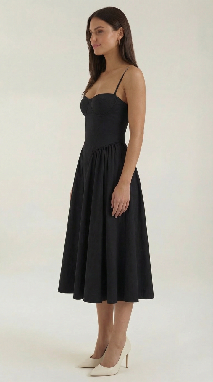 Full view of a women's elegant floral midi dress, showcasing its sweetheart neckline & corset detail.