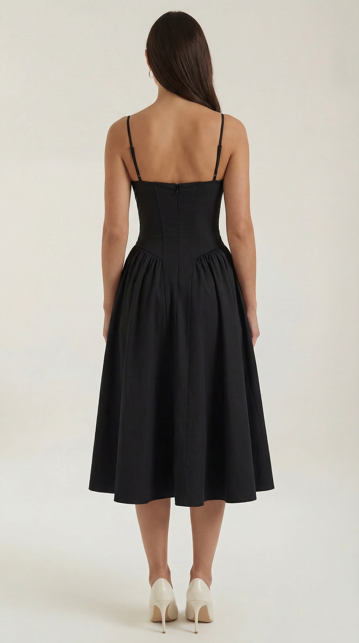 Women's romantic floral dress, a midi length with a sophisticated corset and sweetheart neckline.