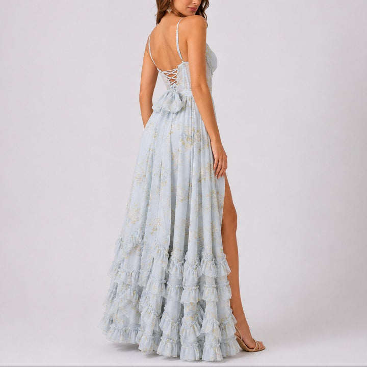 Beautiful floral maxi dress with corset bodice, tiered A-line skirt, ideal for elegant party wear.