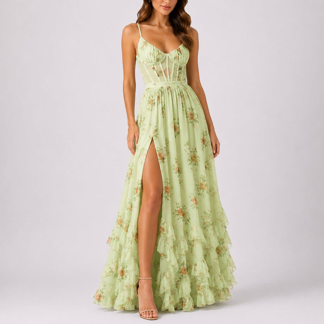 Stylish women's floral corset maxi dress with A-line tiered skirt, perfect elegant occasion wear.