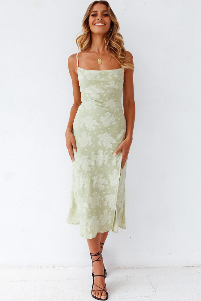 Elegant women's floral cowl neck slip midi dress with high slit, perfect for spring/summer parties.