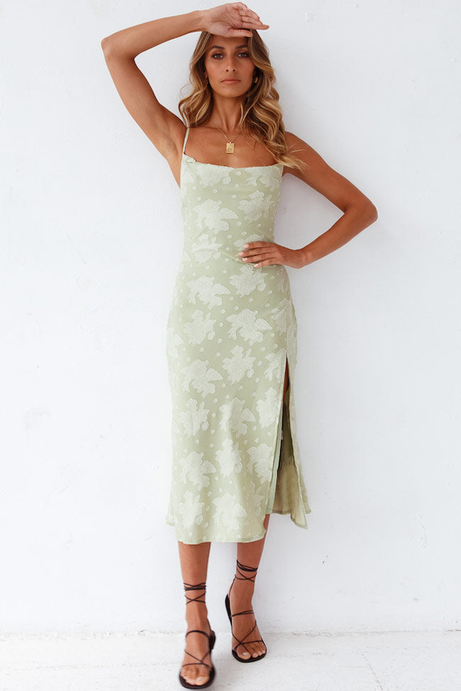 Sage green floral cowl neck slip midi dress for women, ideal as an evening or cocktail party dress.