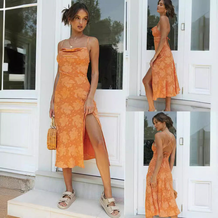 Flowy women's floral slip midi dress featuring a stylish cowl neck and flattering high slit design.