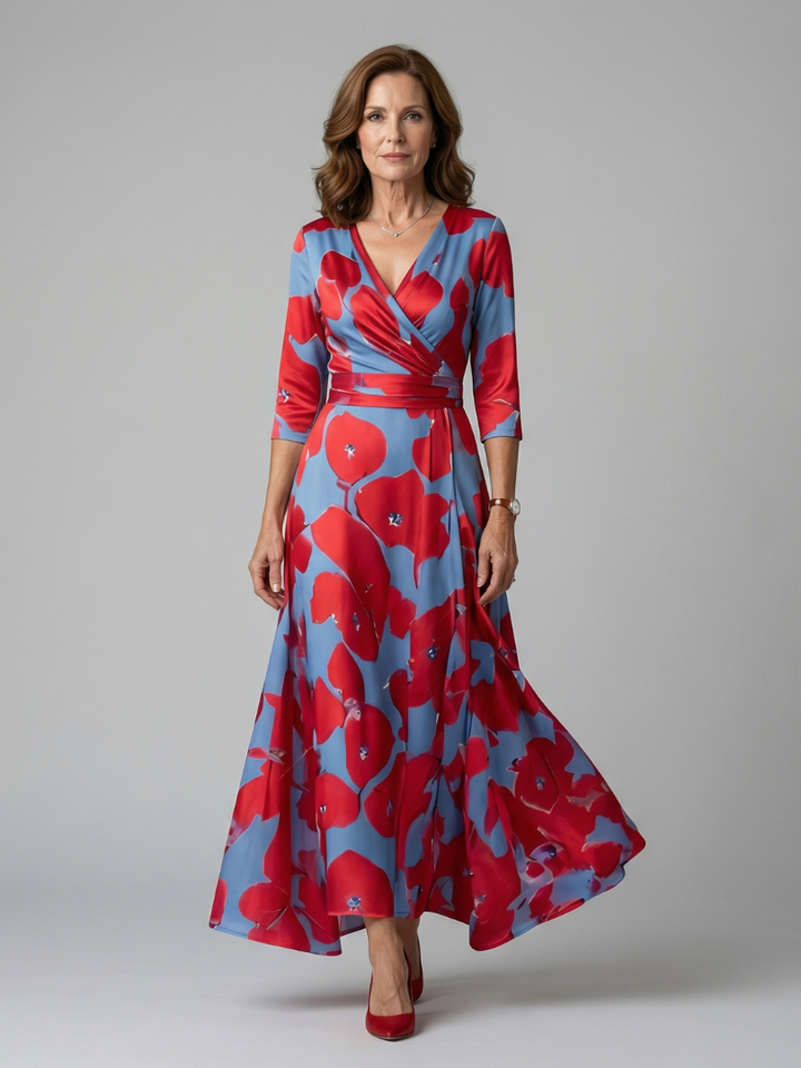 Elegant women's floral cross wrap neck midi dress, perfect for spring and daytime wear.