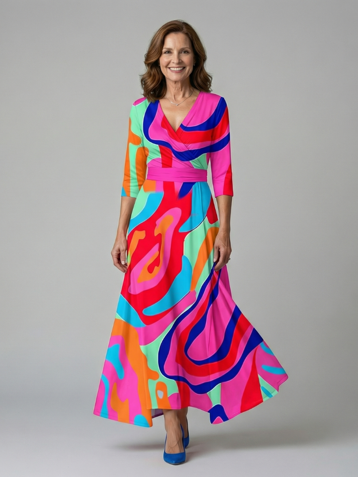 Elegant women's spring floral midi dress with 3/4 sleeves & cross wrap, a chic wardrobe essential.