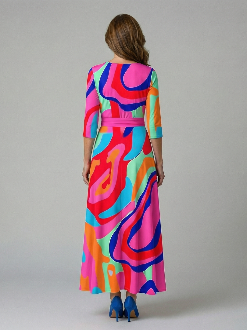Women's versatile floral midi dress, three-quarter sleeve & elegant cross wrap for sophisticated look.