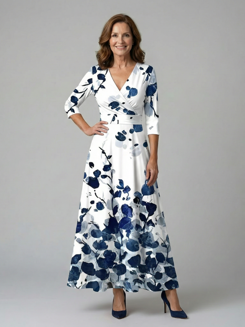 Elegant women's floral cross wrap midi dress, ideal for daytime and comfortable casual wear.