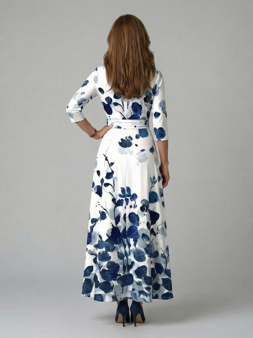 Elegant floral midi dress with cross wrap V-neck, women's comfortable and flowy style.