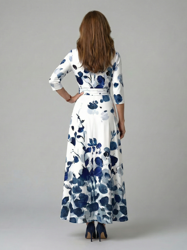 Elegant floral midi dress with cross wrap V-neck, women's comfortable and flowy style.