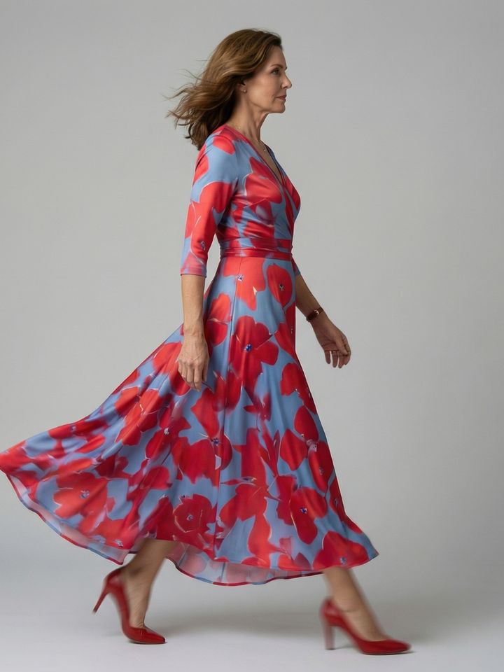 Women's flowy floral midi dress with cross wrap V-neck and three-quarter sleeves.