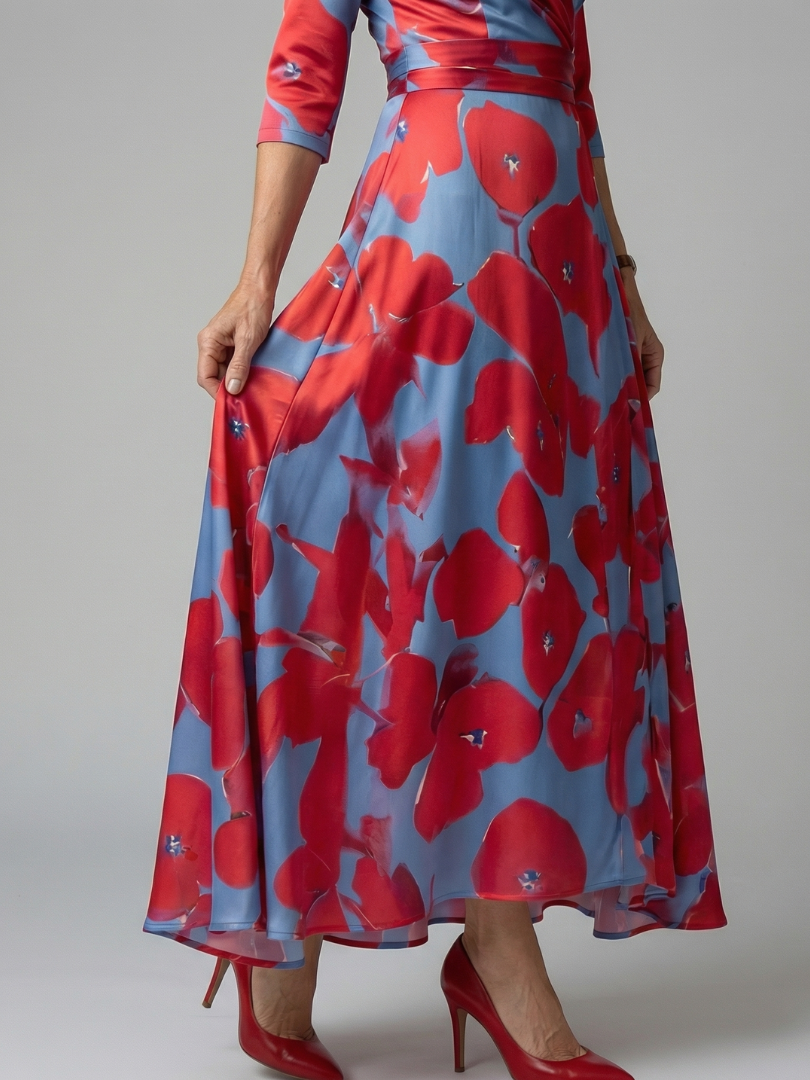 Casual and comfortable women's floral wrap midi dress, versatile for everyday fashion.