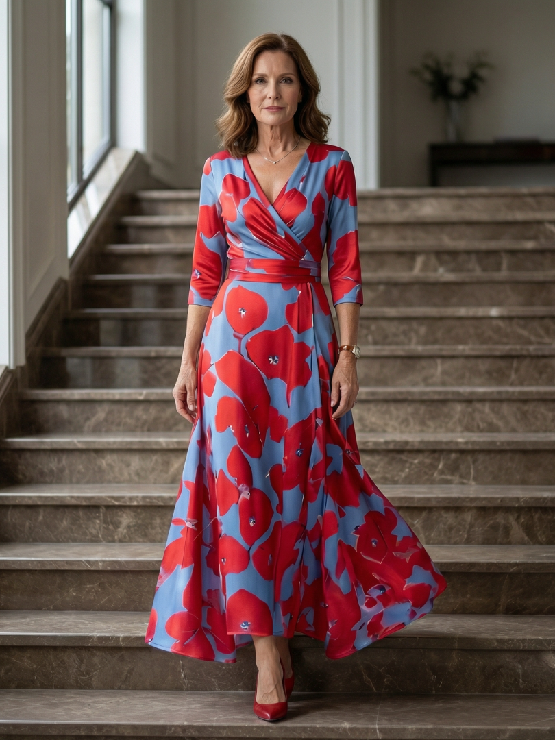 Comfortable women's floral midi dress with a flattering V-neck wrap, great for casual elegance.