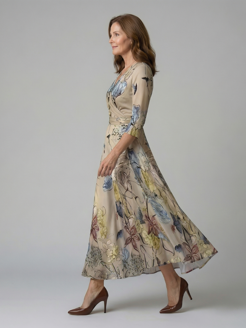 Daytime women's floral midi dress, an elegant cross wrap V-neck design for comfort.