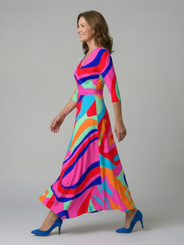 Flowy floral midi dress for women, featuring a comfortable cross wrap V-neck and three-quarter sleeves.