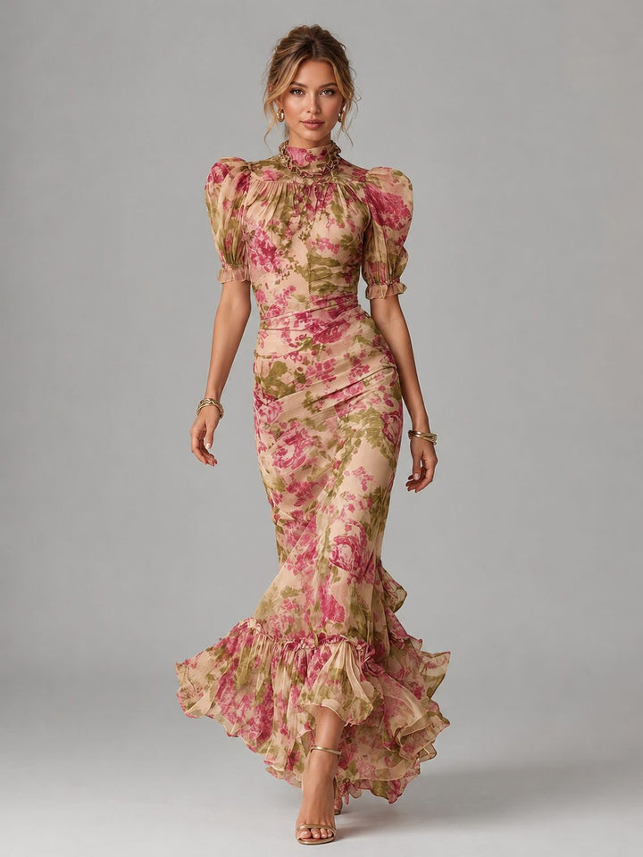Elegant women's floral fishtail maxi dress with puff sleeves, perfect for a wedding guest or formal event.