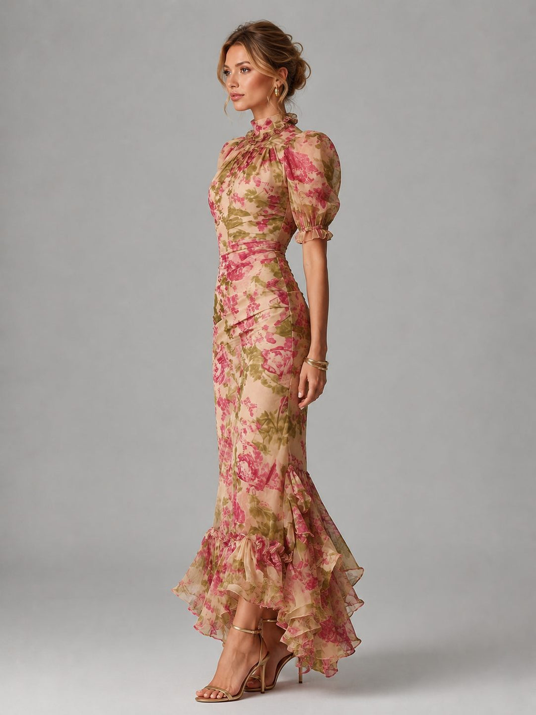 Delicate floral print maxi dress for women, with elegant puff sleeves & fishtail hem. Ideal for spring parties.