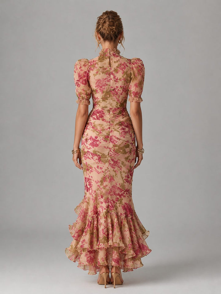 Beautiful women's wedding guest dress, a floral maxi with puff sleeves & fishtail design for an elegant evening.