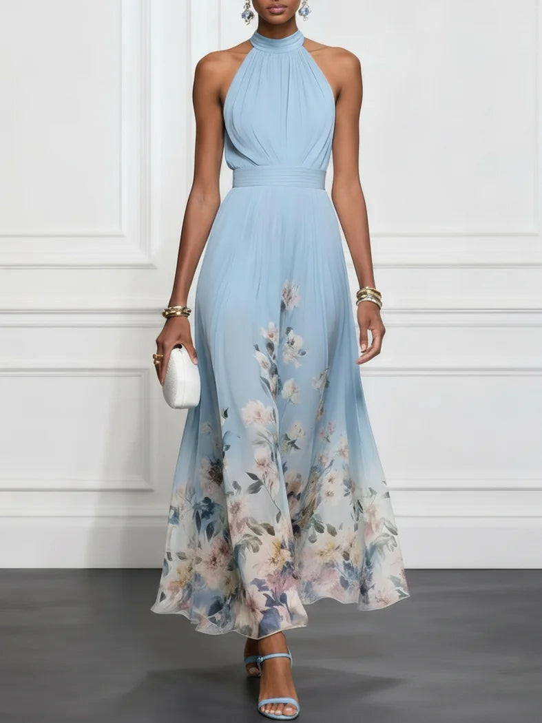 Elegant women's floral halter maxi dress with A-line skirt, perfect for summer occasions. Sleeveless design.