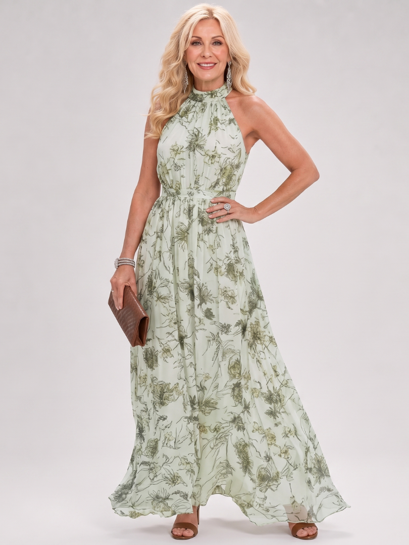 Stylish women's midi dress with a vibrant floral print and elegant halter neck. Comfortable and sleeveless for summer.