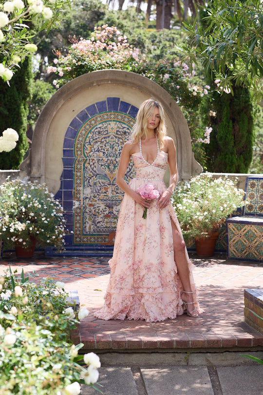 Beautiful women's floral maxi dress, halter neck, ideal for summer weddings & events.