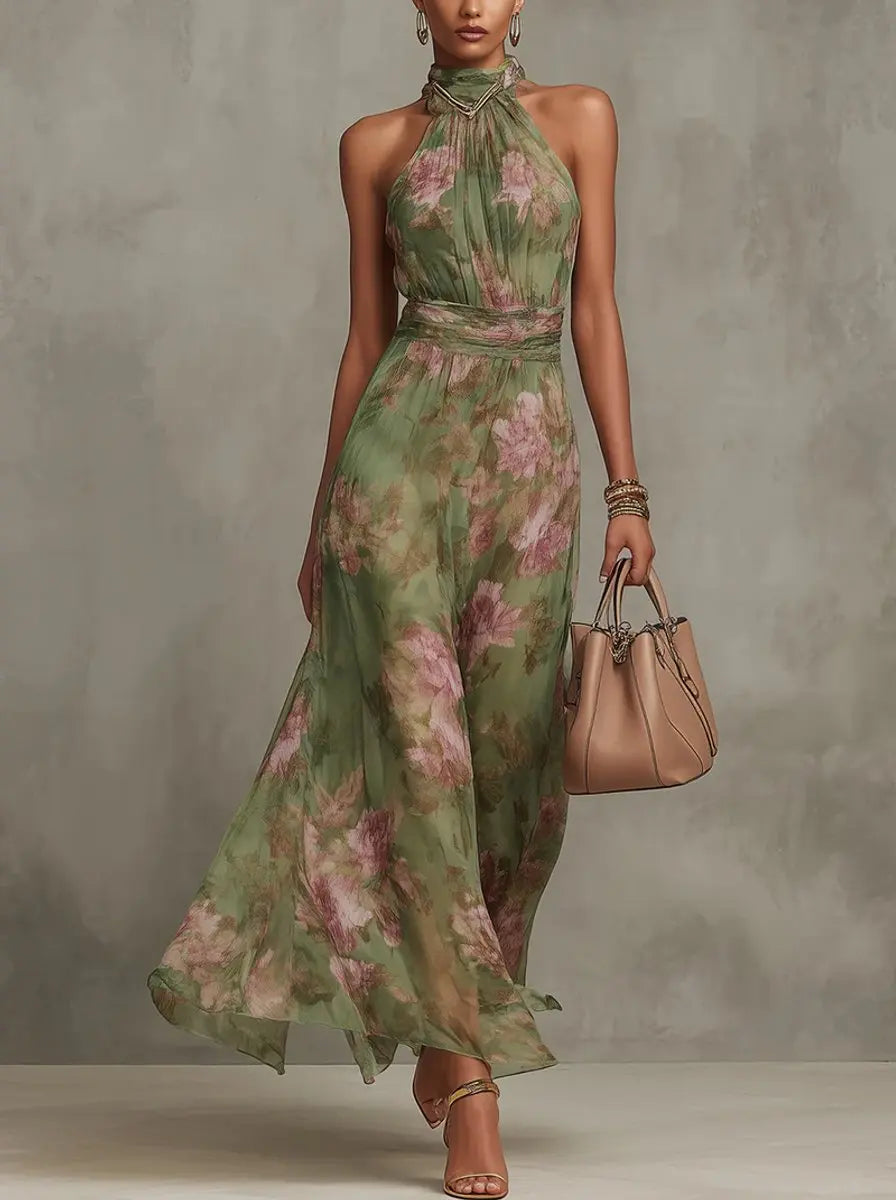 Elegant women's floral halterneck midi dress, perfect for summer garden parties or wedding guests.