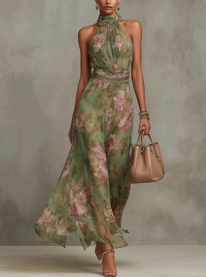 Elegant women's floral halterneck midi dress, perfect for summer garden parties or wedding guests.