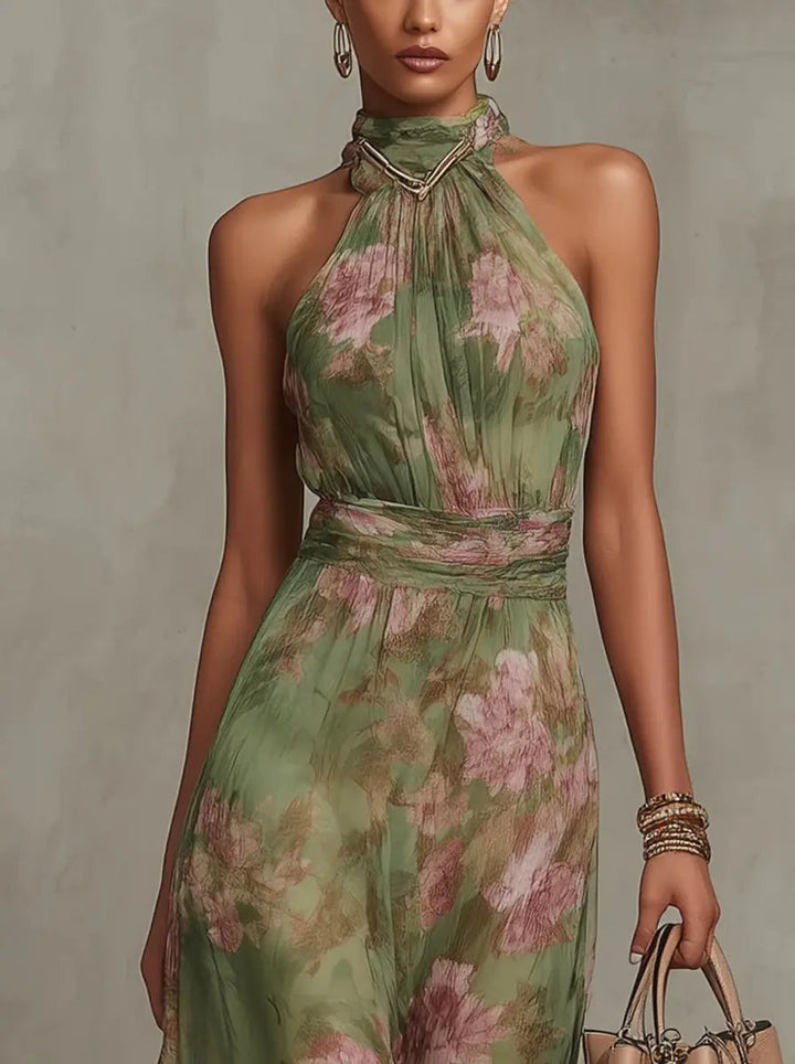 Stylish halterneck midi dress with vibrant floral print for women, a beautiful and elegant occasion dress.