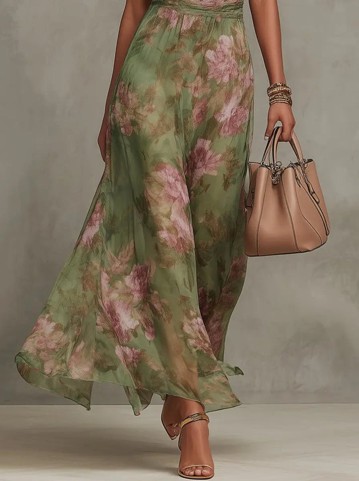 Women's comfortable floral halterneck midi dress, featuring a beautiful summer-ready flowy design.